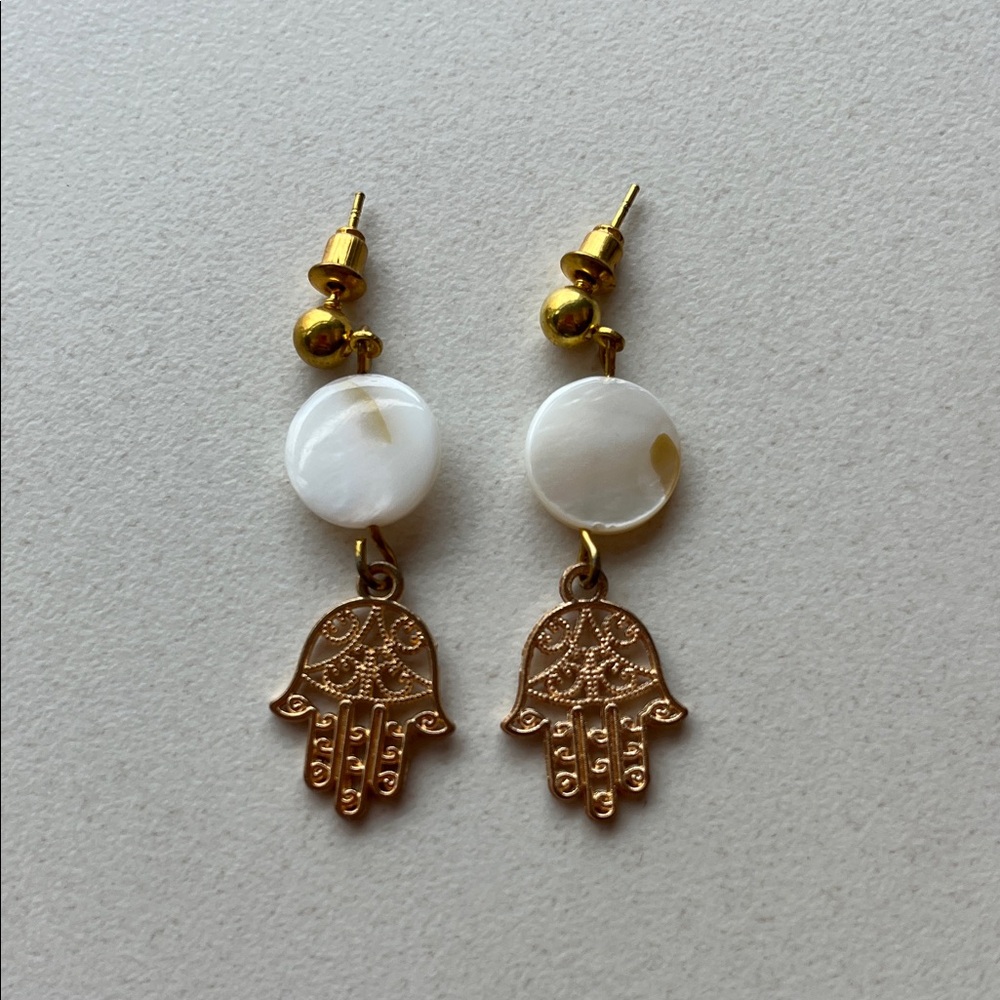 Gold and White Hamsa Earrings